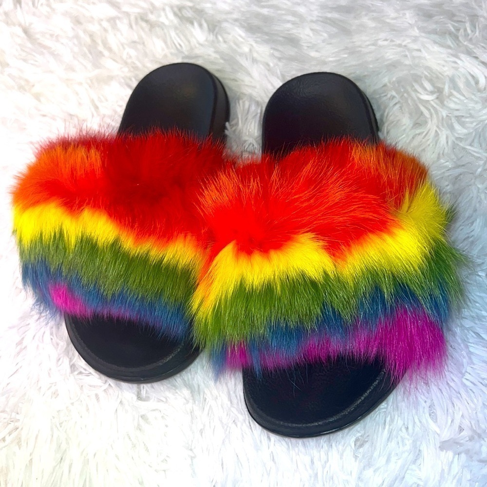 Rainbow faux fur slides size 8 and 8.5  brand new
